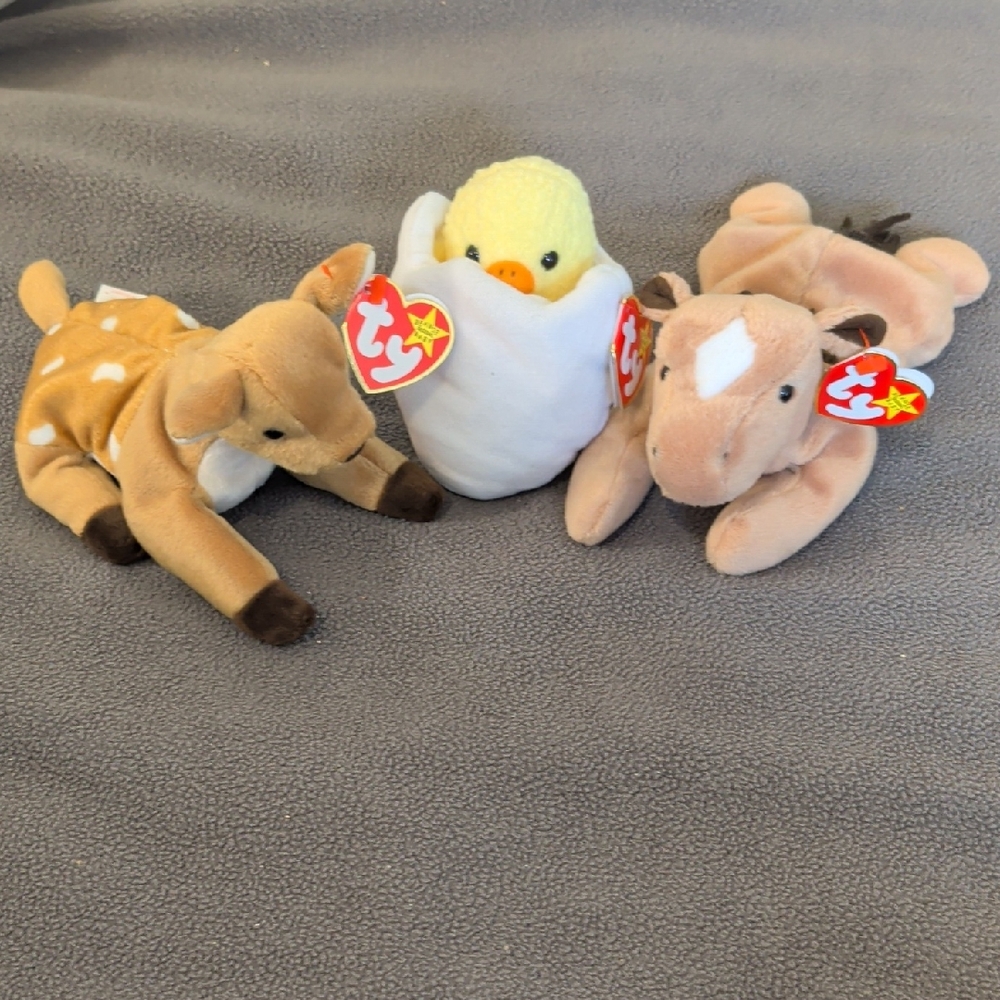Ty Plush Trio - Tan Deer, Yellow Chick, Cream Horse
